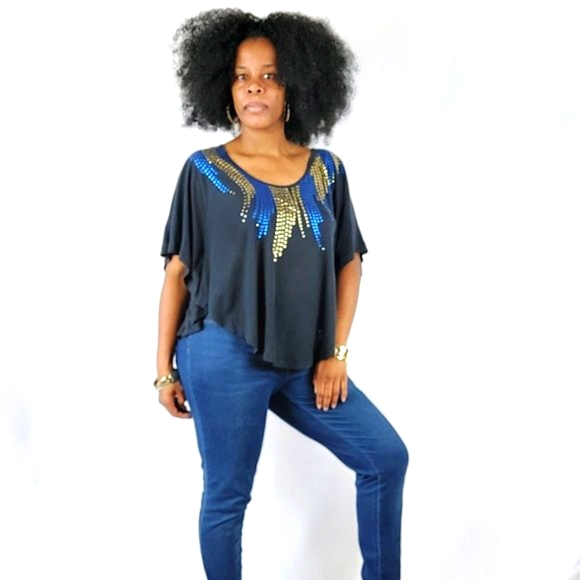 Free People Blue Studded Flare Top - Picture 2 of 13